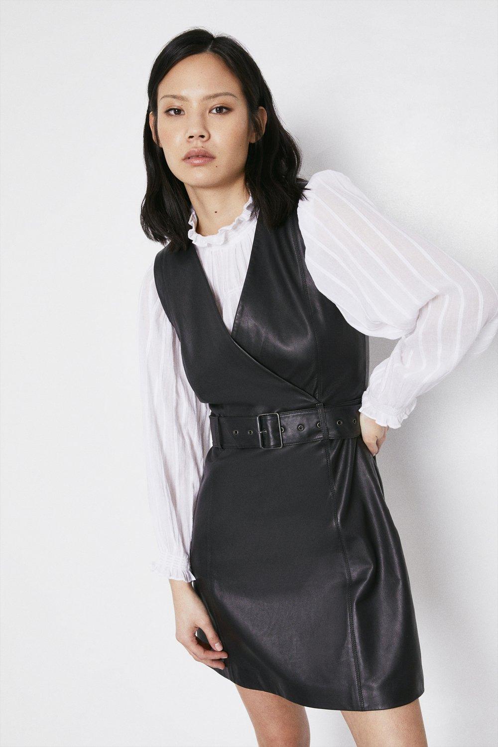 Belted Real Leather Wrap Shift Dress | Warehouse